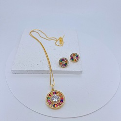 Разноцветный Плоские круглые латунные серьги-гвоздики с цветными кубическими цирконами и комплекты ожерелий с подвесками, красочный, 450 мм