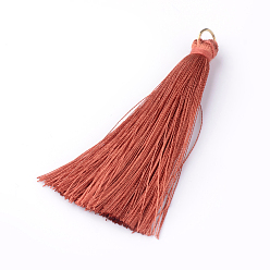 Chocolate Nylon Thread Tassel Big Pendants Decoration, with Brass Findings, Golden, Chocolate, 78x7mm, Hole: 7mm