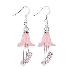 Pink Латунь болтаться серьги, со стеклянными и акриловыми подвесками, цветок, розовые, 61x18 мм