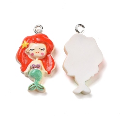 Red Opaque Resin Pendants, with Platinum Tone Iron Loops, Mermaid Charm, Colorful, 27.5x15.5x6mm, Hole: 2mm