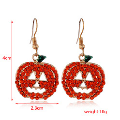 Тыква Серьги-подвески из сплава на тему Хэллоуина, золотые, со стразами, тыква, 40x23 мм