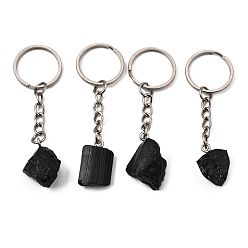 Platinum Natural Black Tourmaline Keychian, Nuggets, with Iron Key Rings, Platinum, 78~85mm