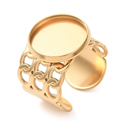 Golden 304 Stainless Steel Cable Chain Cuff Ring Components, Round Pad Ring Setting, Ion Plating(IP), Long-Lasting Plated, Golden, 14~15.5mm,18mm, Tray Size: 14mm