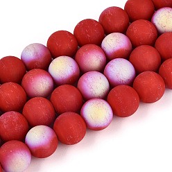 Красный Матовые непрозрачные стеклянные бусы пряди, круглые, с половиным покрытием, с покрытием AB цвета, красные, 9.5~10 мм, отверстие : 1.2 мм, около 39~41 шт / нитка, 14.57~15.75 дюйм (37~40 см)