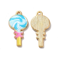 Deep Sky Blue Alloy Enamel Pendants, Golden, Lollipop Charm, Deep Sky Blue, 24x12x2mm, Hole: 1.5mm