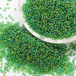 Green 6/0 Round Glass Seed Beads, Grade A, Transparent Colours Rainbow, Green, 3.6~4.0mm, Hole: 1.2mm, about 5000pcs/pound