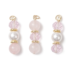 Розовый Кварц 3 шт. 3 стили подвески из натурального розового кварца и ракушек с жемчугом и стеклом, граненые рондели и круглые подвески из бусин, с 304 петлями из нержавеющей стали, золотые, 27.5~29.5x8.5 мм, отверстие : 3.5 мм, 1 шт / стиль