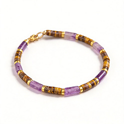 Amethyst Column Natural Amethyst and Tiger Eye Heishi Beads Beaded Bracelets, Golden, 7.09 inch(18cm)