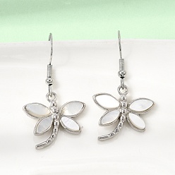 White Rack Plating Brass Dangle Earrings for Women, with Shell, Dragonfly, Platinum, White, 35x19~20mm