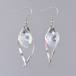 Clear Dangle Earrings, with Heart Electroplated Glass Pendants, Stainless Steel Twist Shape Pendants, Earring Hooks and Ice Pick Pinch Bails, Clear AB, 59mm, Pendant: 40x18x8mm, Pin: 0.7mm