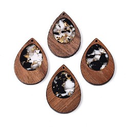 Черный Кулон из дерева и смолы, золотой фольгой, слезинки, чёрные, 38x25.5x3 мм, отверстие : 2 мм