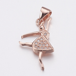 Розовое Золото Латунные микро проложить кубического циркония подвески, танцор, розовое золото , 21x13x2 мм, отверстие : 3x4 мм