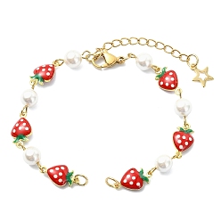 Golden White Round Shell Pearl Brass Enamel Red Strawberry Link Chain Bracelet Making, with 304 Stainless Steel Lobster Claw Clasps, Golden, 6.69 inch(17cm)