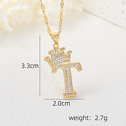 Letter T Хип-хоп латунные микропаве кубические цирконии корона инициал подвеска ожерелья, 304 ожерелья из нержавеющей стали с цепочкой для женщин, золотые, Письмо T, 15.75 дюйм (40 см)