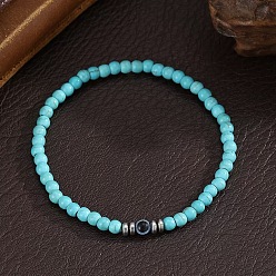 Synthetic Turquoise Glass Evil Eye 4MM Dyed Synthetic Turquoise Beaded Stretch Bracelets for Men, Sky Blue, 7.09 inch(18cm)~7.48 inch(19cm)