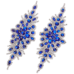 Sapphire Flower Polyester & Rhinestone Embroider Thread Iron on/Sew On Patches, Cloth Appliques, for Wedding Dress , Sapphire, 235x85~88x5.5mm