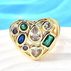 Разноцветный Латунные микро проложить манжеты кольца кубического циркония, сердце, без кадмия и без свинца, стойки покрытие, реальный 18 k позолоченный, красочный, 19.5x23 мм, внутренний диаметр: 16 мм