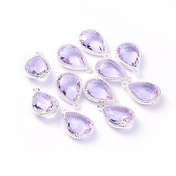 Лиловый Стеклянные подвески, с фурнитурой Berzel с открытой спиной из экологически чистого сплава, граненые, слеза, серебряный цвет гальваническим, сирень, 18x12x5 мм, отверстие : 1.4 мм
