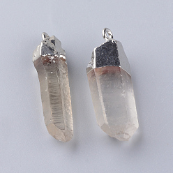Platinum Plated Natural Quartz Crystal Pendants, with Brass Findings, Nuggets, Platinum, 38~48x8~16x6~13mm, Hole: 2.5mm