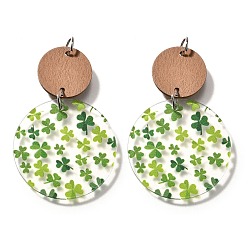 Зеленый Печатные акриловые большие подвески, сплющенный с клевером, с петлей из тополя и платины, зелёные, 54.5x35x2.5 мм, отверстие : 5 мм