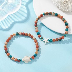 Синтетический Камень 2 браслеты из синтетического белого нефрита и бирюзы, эластичные, для женщин и мужчин, черепаха и морская звезда, бусины : 6.5 мм, внутренний диаметр: 2.09~2.13 дюйм (5.3~5.4 см)