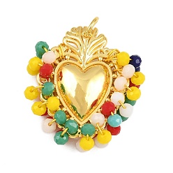 Colorful Alloy & Glass Seed Beaded Pendants, Heart Charm, Long-Lasting Plated, Rack Plating, Cadmium Free & Lead Free, with Brass Jump Ring, Golden, Colorful, 32x27x8mm, Hole: 5mm