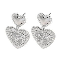 Real 16K Gold Plated Brass Pave Cubic Zirconia Stud Earrings for Women, Heart, Real 16K Gold Plated, 30.5x20mm