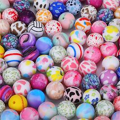 Random Color Printed Round with Flower Pattern Silicone Focal Beads, Random Color, 15x15mm, Hole: 2mm