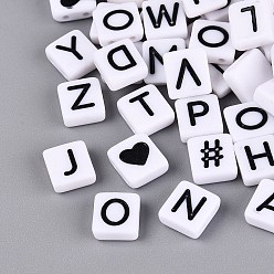 White Opaque Acrylic Enamel Beads, 2-Hole Beads, Square with Mixed Shapes Pattern, White, 8.5x8x3.5mm, Hole: 1.4mm, about 1960pcs/500g