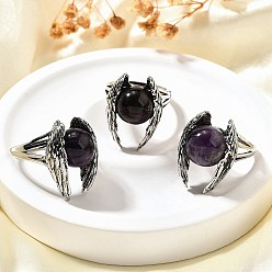 Аметист Регулируемые кольца из натуральных аметистов с крыльями, старинное серебряное латунное кольцо, стойки покрытие, без свинца и без кадмия, размер США 7 1/4 (17.5 мм)