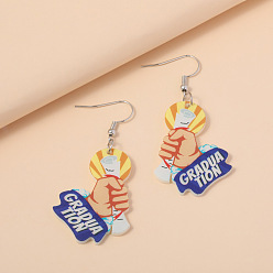 Marine Blue Back to School Printed Acrylic Dangle Earrings, Word GRADUATION with Fist, Platinum, Marine Blue, 60mm
