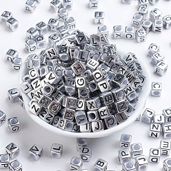 Letter Antique Silver Plated Large Hole Acrylic European Beads, Horizontal Hole, Cube with Letter, Random Mixed Letters, 6x6x6mm, Hole: 4mm, about 2950pcs/500g