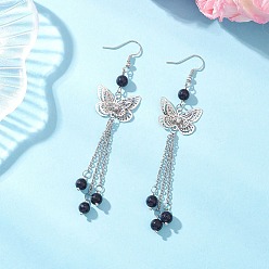 Платина Латунные серьги с подвесками-бабочками, с бусинами из синтетического синего авантюрина и 304 фурнитурой для сережек из нержавеющей стали, платина, 97x23 мм