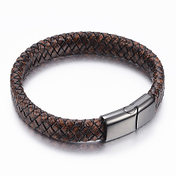 Gunmetal PU Leather Cord Bracelets, with 304 Stainless Steel Magnetic Clasps, Gunmetal, 8-5/8 inch(220mm)x12~14x6~8mm