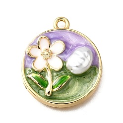 Лиловый Подвески из эмали и сплава, с ABS имитации жемчуга, плоские круглые с цветком, стойки покрытие, долговечный, без свинца, без кадмии и без никеля, золотые, сирень, 24x20.5x5 мм, отверстие : 1.8 мм