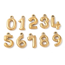 Настоящее золото 18K 10 шт 10 стили 304 подвески из нержавеющей стали, число 0~9, реальный 18 k позолоченный, 16.5~11x7~11x3~3.5 мм, отверстие : 1.4~1.5 мм, 1 шт / стиль