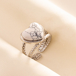 Говлит Регулируемые 304 манжеты из нержавеющей стали с открытыми кольцами для женщин, сердце, с естественным Howlite, цвет нержавеющей стали, 13 мм, внутренний диаметр: 17 мм