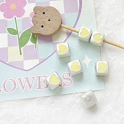 Светло-хаки Бусины из эмалированного сплава цвета макарон, Куб с сердцем, светлый хаки, 7x7 мм, отверстие : 2.7 мм