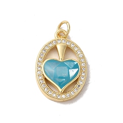 Светло-Голубой Овальные подвески с сердцем из латуни с микропаве и фианитами, с эмалью и ракушкой, долговечный, без свинца и без кадмия, реальный 18 k позолоченный, с прыжковых колец, Небесно-голубой, 21x14x4 мм, отверстие : 3 мм