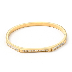 Golden Shell Oval and Cubic Zirconia Hinged Bangle, 304 Stainless Steel Jewelry for Women, Ion Plating(IP), Golden, Inner Diameter: 1-7/8x2-1/4 inch(4.7x5.7cm)