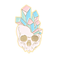 Cyan Alloy Enamel Brooches, Skull with Crystal, Cyan, 26x13mm