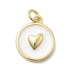 Белый Латунь эмаль подвески, плоско-круглые с сердцем, стойки покрытие, долговечный, без кадмия и без свинца, реальный 18 k позолоченный, с целью перехода в кольце, белые, 17x14x3 мм, отверстие : 3.2 мм