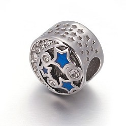 Blue Retro 304 Stainless Steel European Beads, with Enamel and Rhinestone, Large Hole Beads, Flat Round with Star and Moon, Antique Silver, Blue, 11.5x9.5mm, Hole: 4.5mm