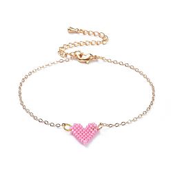 Pink Link Bracelets, with Handmade Japanese Seed Beads, Brass Cable Chains & Extension Chains, Heart, Pink, 6-7/8 inch(17.5cm)