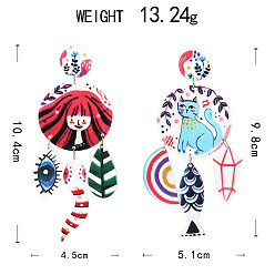 Разноцветный Акриловые болтаться серьги стержня, слева и справа, Плоский круглый объект с асимметричным иллюстрированным узором., цвет нержавеющей стали, красочный, 104x45 mm и 98x51 mm