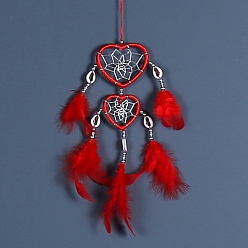 Красный Паутина/сетка, сотканная в форме сердца, с настенными подвесными украшениями из перьев, с железным кольцом, для украшения домашней спальни, красные, 350~400 мм