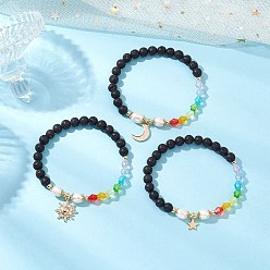 Лавовый камень 3шт 3 цвета натуральные лавовые бусины эластичные браслеты, 304 женские браслеты-подвески из нержавеющей стали, с акриловыми бусинами и натуральным культивированным пресноводным жемчугом, внутренний диаметр: 2-1/8 дюйм (5.3~5.5 см), 3 шт / комплект