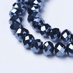 Black Electroplate Glass Beads Strands, Pearl Luster Plated, Faceted, Rondelle, Black, 3.5x3mm, Hole: 0.4mm, about 123~127pcs/strand, 13.7~14.1 inch(35~36cm)