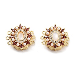Настоящее золото 18K Магнитные застежки из латуни с микропейвом и прозрачным кубическим цирконием, без кадмия, без никеля и без свинца, с имитацией жемчуга и смолы., овальные, 3 нитей, 6-луночное, реальный 18 k позолоченный, 19x18x7 мм, отверстие : 1.2 мм