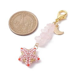 Quartz Rose Décorations de pendentif de graine de toho, avec des perles de quartz rose naturel et des cabochons de strass en verre ks plaqués à l'arrière et à l'arrière, Fermoir mousqueton, fermoirs de homard en alliage de zinc , étoiles, 9mm, pendentifs: 65~66 mm